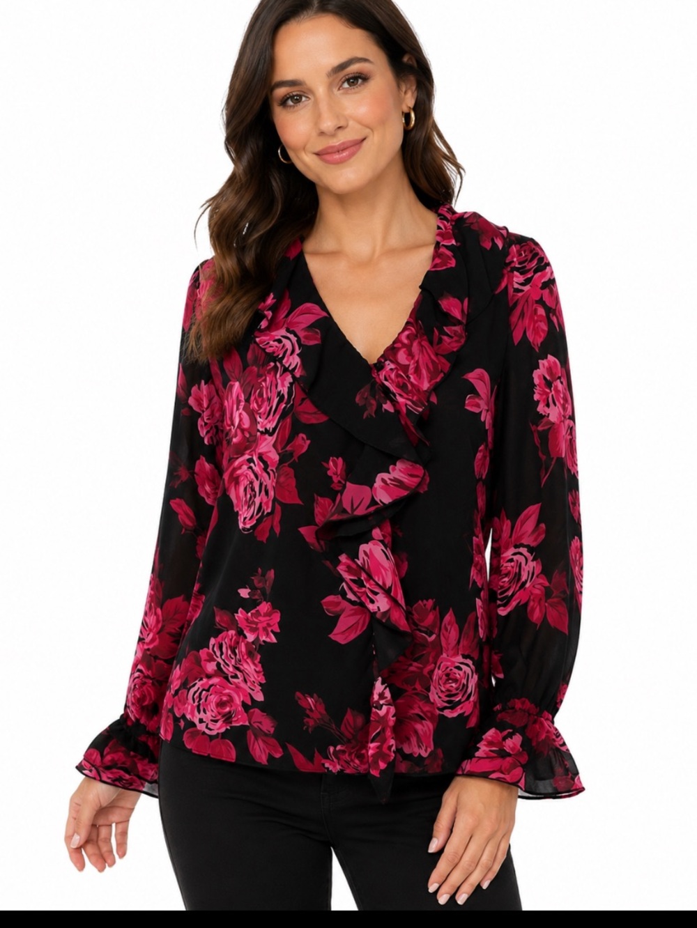 A NEW DAY Black & Pink Floral Ruffle V-Neck Semi Sheer Blouse XL NWOT